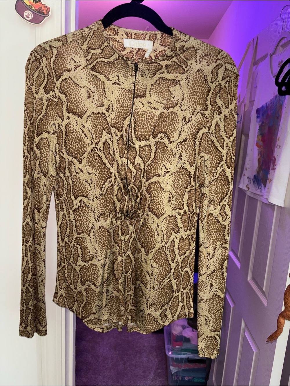 Chloe Brown Snake-Print Long Sleeve Top